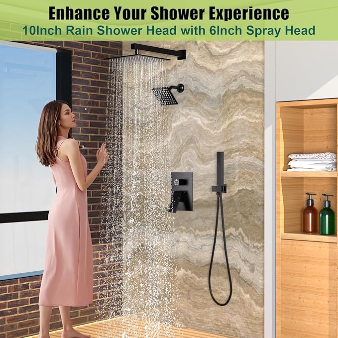 ENGA Shower Faucet Set, Dual Head Shower System 10" & 6" Square Rain Shower Heads with 2 in 1 Handheld Spray, 3 Way Water Diverter, Matte Black