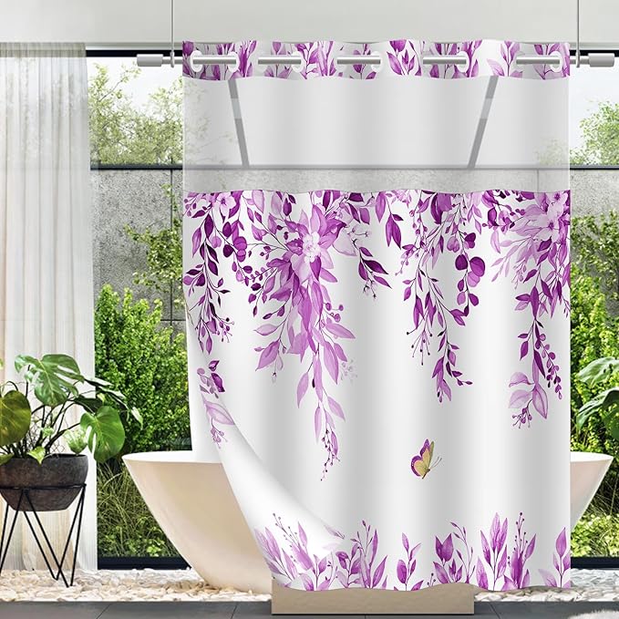 No Hook Shower Curtain and Liner Set, Purple Eucalyptus Floral Shower Curtains for Bathroom, Bath Curtain Sets with Snap in Liner, Waterproof with See Through Top Window, 71x84 Inches