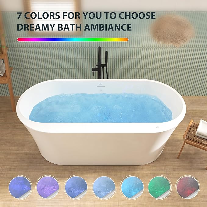 FerdY Mauritius 67 Inch Acrylic Freestanding Whirlpool Bathtub, Oval with 8 Water SPA Jets Morden White Stand Alone Jetted Tub, Luxury Acrylic Free Stand Deep Soaking Bath Tub with LED Light