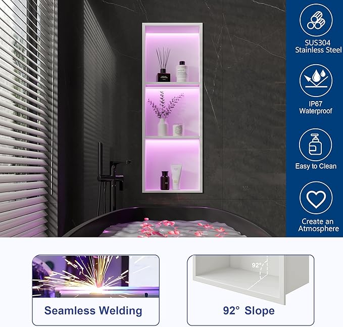 3-Tier 12x36Inch Wall Niche with RGB Lights, White Recessed Stainless Steel Shower Niche with RGB Colorful Remote Control, NO Tile Needed Bathroom Storage Organizer Waterproof