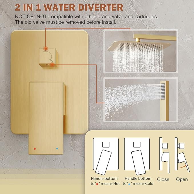 Shower System, Gold Shower Faucet Set with 12-Inch Rain Showerhead and Handheld Spray, Wall Mounted High-Pressure Showerhead Combo Set Included Valve and Trim, Brushed Gold