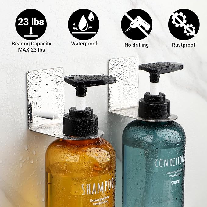 Segbeauty Stainless Adhesive Shampoo Bottle Holder, Dia 1.3inch 3.3cm Non-Drill Soap Dispenser Holder Set Silver, 3pcs Rustproof Shampoo Holder for Shower, Bottle Wall Mounted Rack for Toilet Kitchen