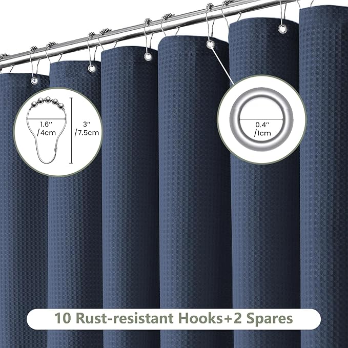 Inhousolu Fabric Shower Curtain Waffle Weave, Navy Blue 230 GSM Heavy Duty, Weighted Hem, 12 Metal Hooks, Water Repellent, Machine Washable, Hotel Spa Luxury Bath Curtain Set, 54 x 78 Inch