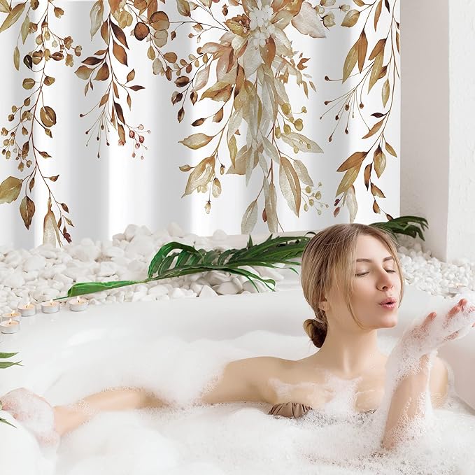 Gibelle Extra Long Shower Curtain 72 x 84, Brown Floral Shower Curtain for Bathroom, Watercolor Plant Eucalyptus Leaves Fabric Shower Curtain Set