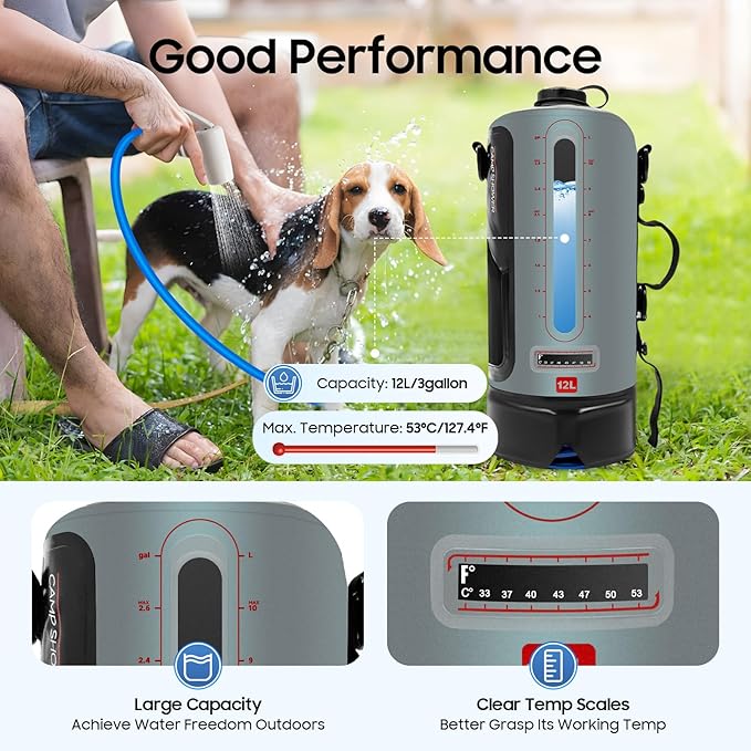 3 Gallon Portable Pressure Camp Shower with Air Pump & Detachable Shoulder Strap, Outdoor Showers for RV Camping Hiking