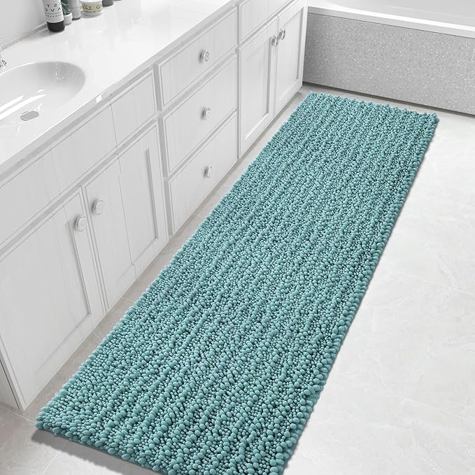 Yimobra Bathroom Runner Rug 70x24 Inch - Extra Long Non Slip Chenille Bath Mat, Soft & Absorbent, Machine Washable Shaggy Hallway Carpet for Vanity Tub Shower, Teal Blue Home Decor Accessories