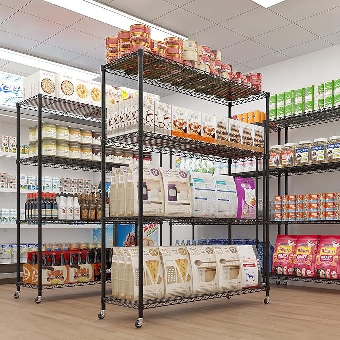 4 Tier Storage Racks Shelving, Heavy Steel Pantry Shelves, Adjustable Wire Shelving Rack with Wheels, Suitable for Garage, Kitchens, Offices, 59" W x 23.6" D x 75.6" H, Black
