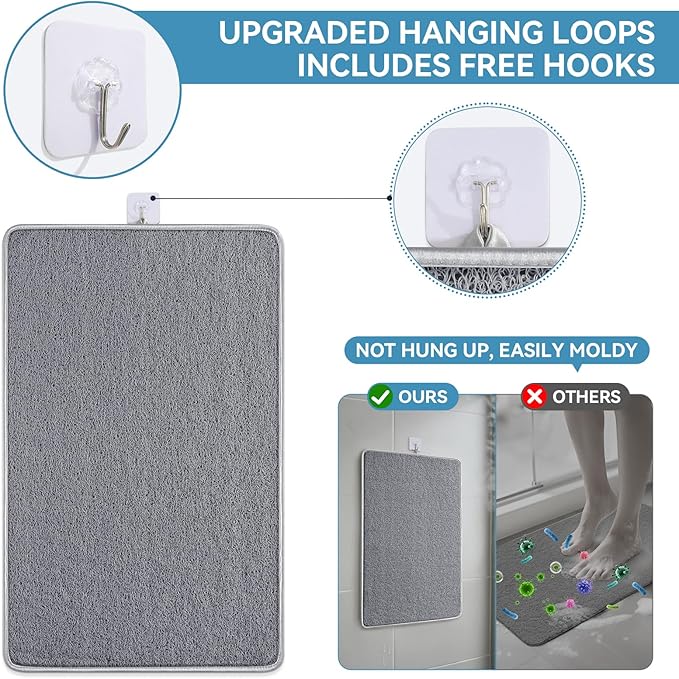 Non Slip Shower Mat Bathtub Mat 20x32 Inch, Quick Dry Bath Mat with Drain, Soft PVC Imitation Loofah Foot Scrubber Bath Mats for Bathroom Tub Shower Floor, Hangable & Hook Included, Gray