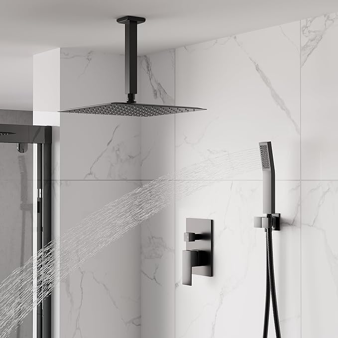 WELLFOR 12-In Ceiling Mount Shower System with Single Handle, Pressure-balanced Valve Included, Waterfall Dual Head Shower Head System, Rain Shower System, Shower Faucet Trim Kits, Matte Black