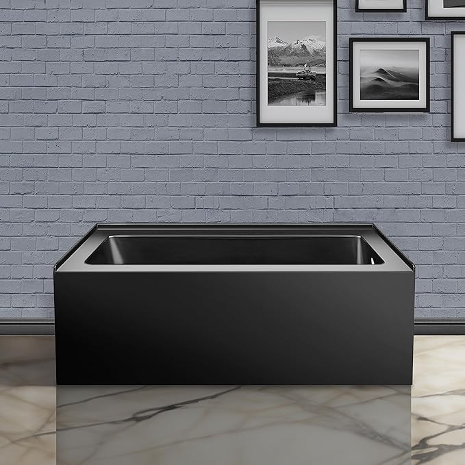 Fine Fixtures Acrylic, Fiberglass Alcove Soaking Bathtub with Integral Apron Front in Glossy Black - Right Hand Drain, 48" x 32"