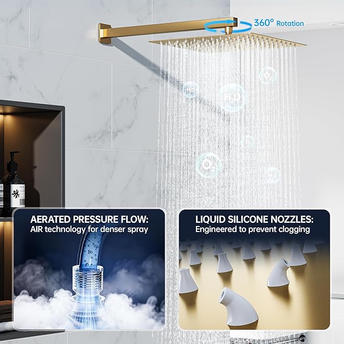 12 Inch Luxury Rain Shower Faucet Set, Brushed Gold Shower System with Rainfall Shower Head and Handheld Spray, SUS304 Stainless Steel and Solid Brass Wall Mounted Shower Valve Trim Kit