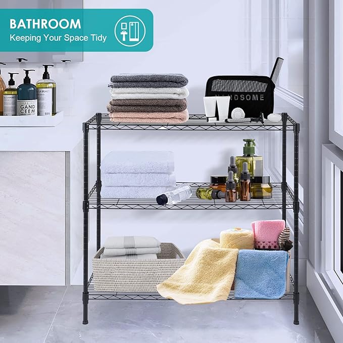 BNSPLY 3-Tier Wire Shelving Unit, Adjustable Metal Wire Shelves with NSF Certified, Standing Storage Shelf Unit for Laundry, Bathroom, Kitchen, Pantry, Closet (13.7" D x 35.5" W x 31.5" H, Black)