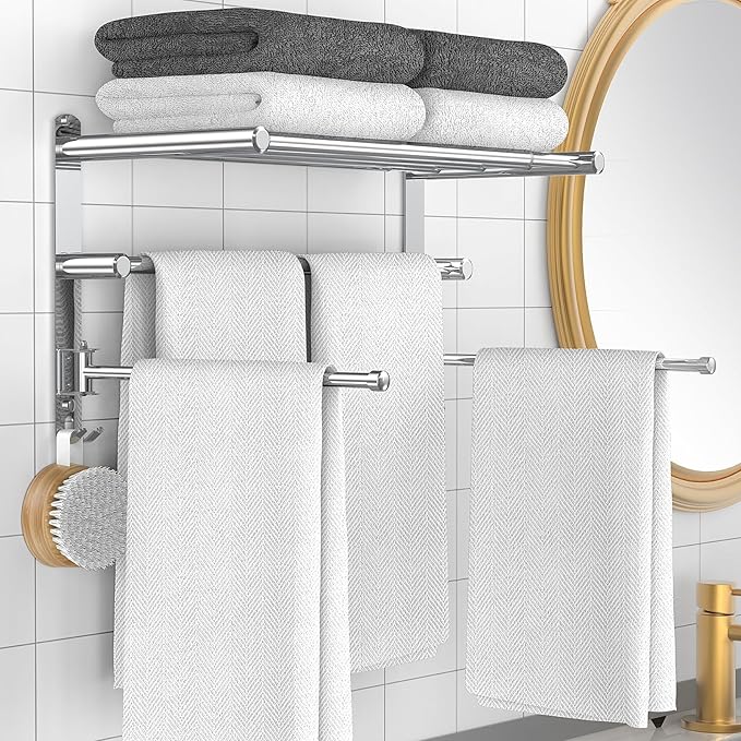 Retractable Towel Rack for Bathroom Stainless Steel Extendable Towel Shelf with 180° Swing Arms Wall-Mounted Towel bar with for Laundry Room (180 Rotating Towel bar)