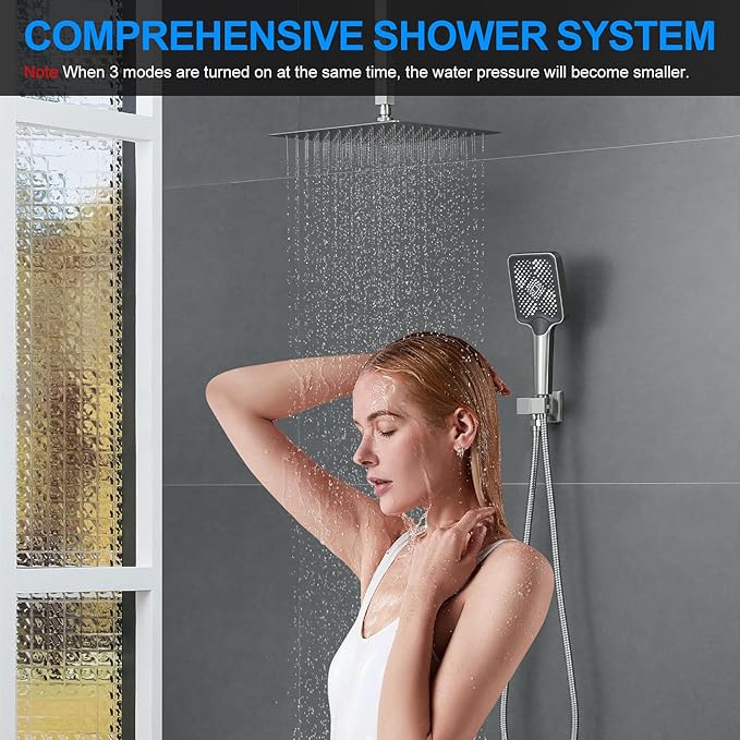 Bathtub Shower Faucet Set with Pressure Balance Valve, 12" Ceiling Mount Shower System with Tub Spout Multi-function Handheld Head Push Button Diverter Shower Trim Kit, Brushed Nickel