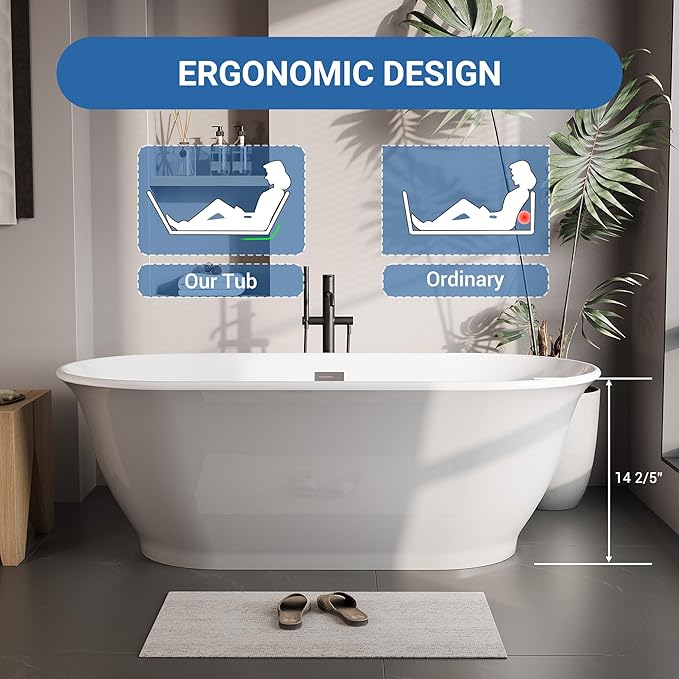 67 in Acrylic Freestanding Bathtub, Soaking Bathtub with Matte Drain and Overflow, Modern Square Tub, Deep Ergonomic Design, CUPC Certified, Double-Walled Insulation, Easy Install and Safe Use, Grey