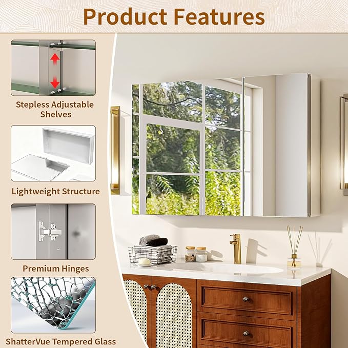 BEAUTYPEAK 36 x 26 Inch Medicine Cabinet with Mirror, Wall Mounted Bathroom Mirror Cabinet, Medicine Cabinet Mirror with Storage & Adjustable Shelves