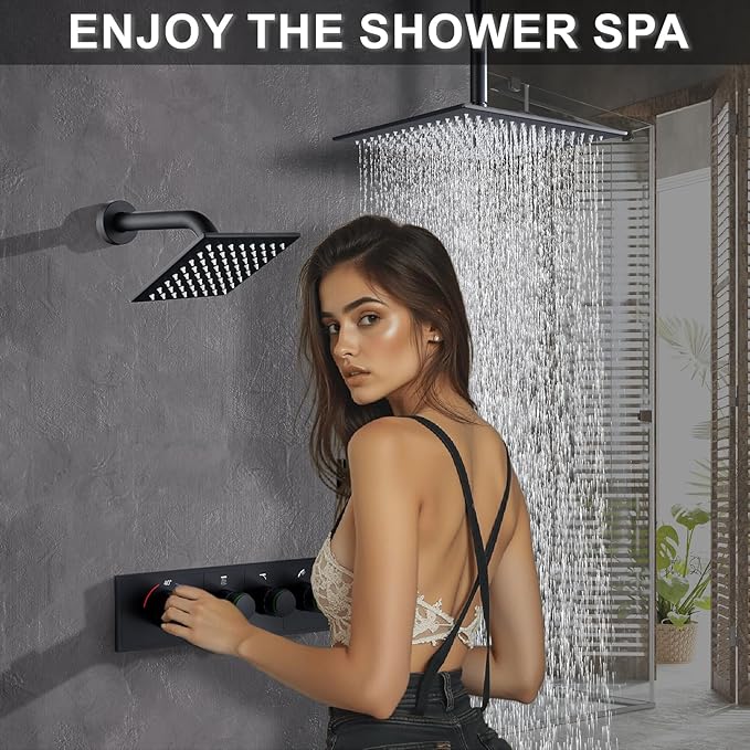 Shower System Brass Thermostatic Shower Faucet Set With Valve and Diverter Shower Mixer With Rain Head and Handheld High Pressure Square Rainfall