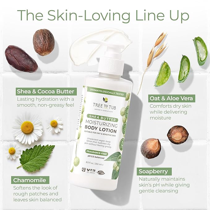 Tree to Tub Unscented Shea Butter Body Lotion for Dry Skin - Fragrance Free Lotion,Vegan Body Moisturizer, Good for Sensitive Skin for both Women & Men