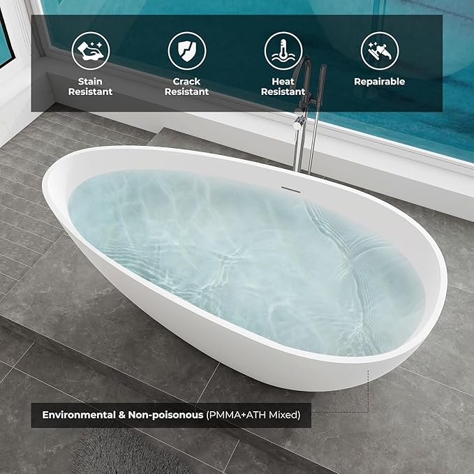 Premium 59" Solid Surface Freestanding Bathtub, Upgraded Oval Stone Resin Egg ShapeTub with Overflow and Pop-up Drain, Matte White