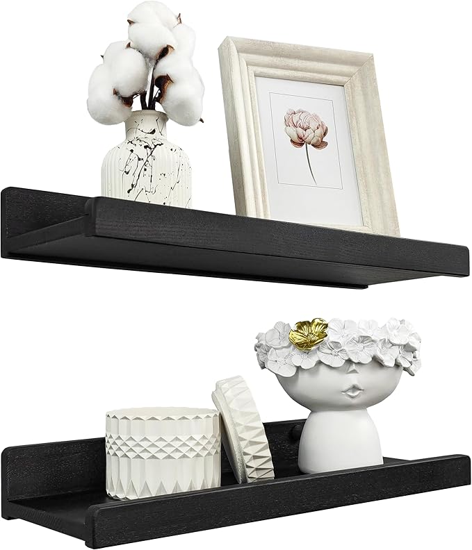Floating Shelves for Wall 16 inch, Waterproof, Wall Storage Shelves with Lip, Display Picture Ledge Shelf for Living Room Photo Frame, Natural Wood Hanging Book Shelves (Black, Set 2)