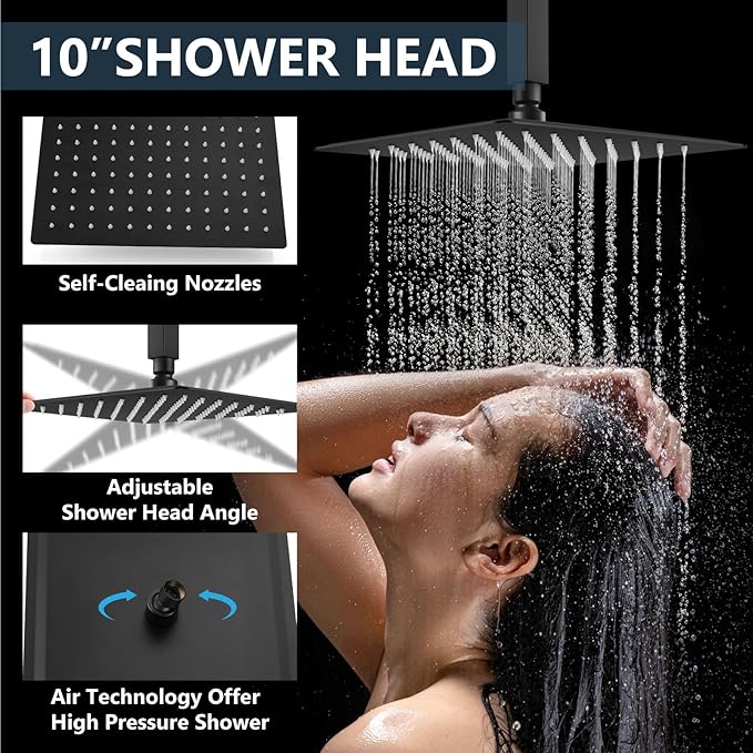 Aolemi Shower Faucet Set Ceiling Mount Shower System Rough-in Valve and Shower Trim Kit 10 and 6 Inch Dual Shower Head 2 in 1 Handheld Spray Push Button Diverter Matte Black