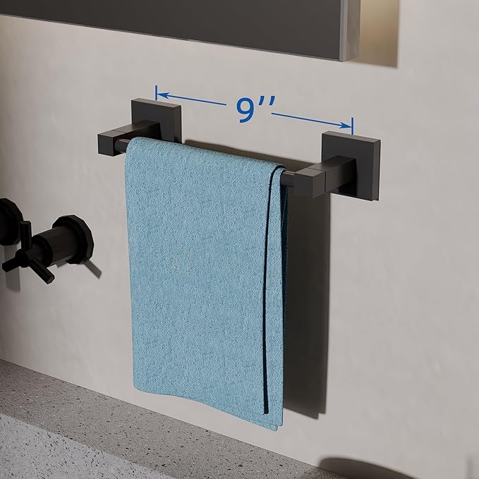 RUACQ Hand Towel Holder, 9-inch Hand Towel Bar, Square Base Towel Ring, 304 Stainless Steel Towel Rack for Bathroom, Wall Mounted(Matte Black)