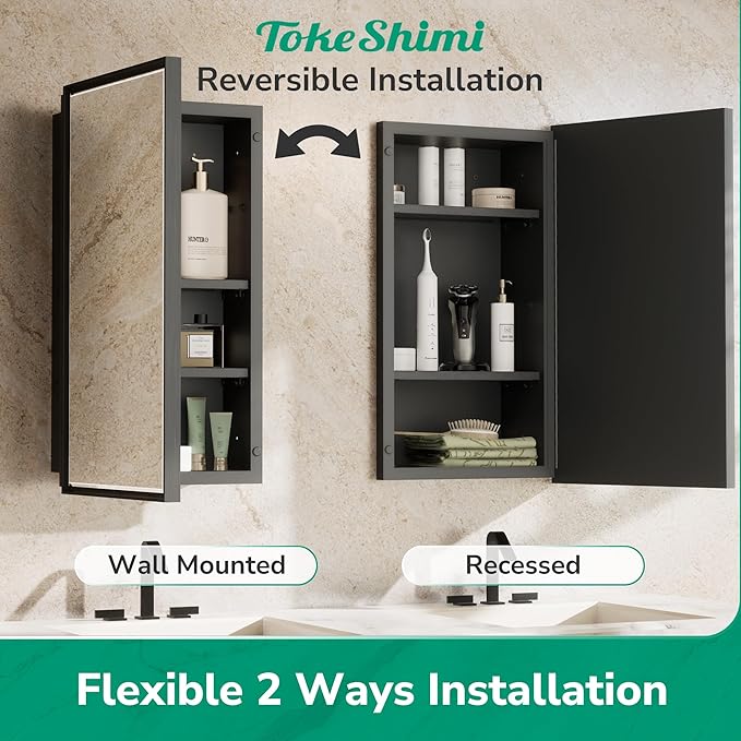 TokeShimi 36x24 Recessed Medicine Cabinet with Mirror Black, Beveled Bathroom Mirror with Storage Aluminum, Surface Mounted Metal Medicine Cabinets for Bathroom Vanity Wall