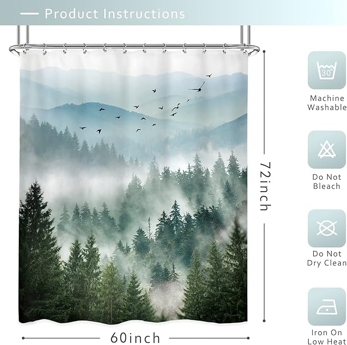 Riyidecor Rustic Green Mountain Shower Curtain for Bathroom Nature Woodland Tree Scenery Waterproof Cloth Fabric Shower Curtains，Alpine Landscape Natural Mens Bathroom Decor 12 Pack Hooks 60Wx72H Inch