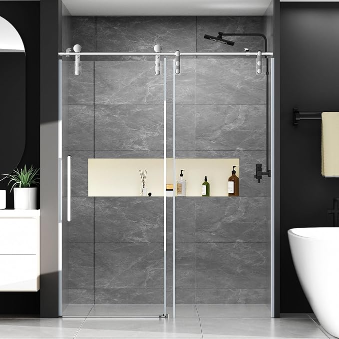 Chabatree Shower Door 60" W x 76" H Frameless Sliding Shower Door,Frameless Shower Door with Sealing Strip and Waterproof Handle,5/16"(8mm) Clear Tempered Glass,Stainless Steel Hardware,Silvery