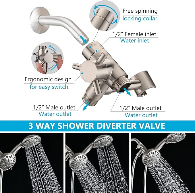 PDPBath Solid Brass Shower Arm 3 Way Shower Diverter Valve for Hand Held Showerhead and Fixed Spray Head, G1/2 Universal Connection - Brushed Nickel
