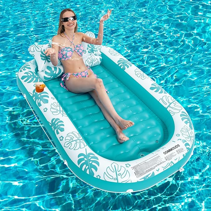 Inflatable Tanning Pool Lounger Float with Cervical Pillow - Pool Floats Adult for Sunbathing, Backyard, Pool Party - Inflate Ball Pit for Babies - Kids Swimming Pool Bed