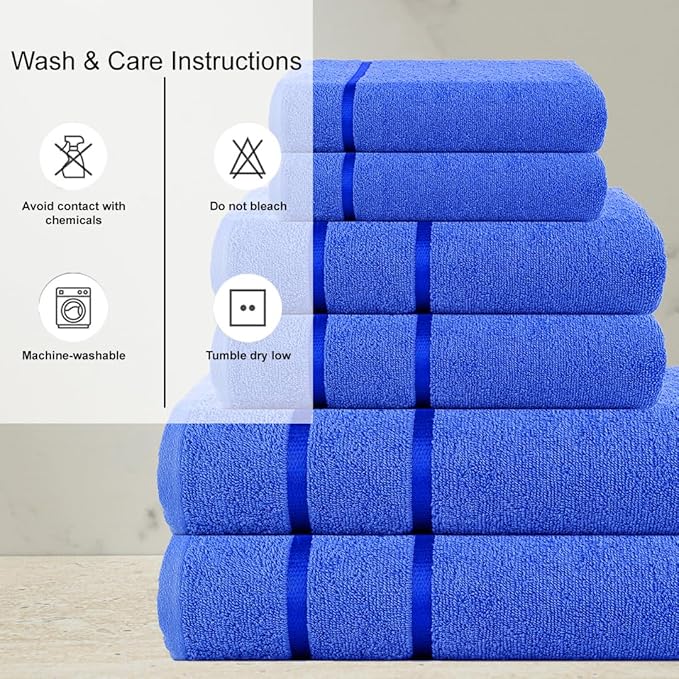 CASA COPENHAGEN Eternal 6 Pieces Towel Set- Electric Blue, 500 GSM 2 Bath Towel 2 Hand Towel 2 Washcloth, Designed in Denmark Made of Soft Egyptian Cotton for Bathroom, Kitchen & Shower