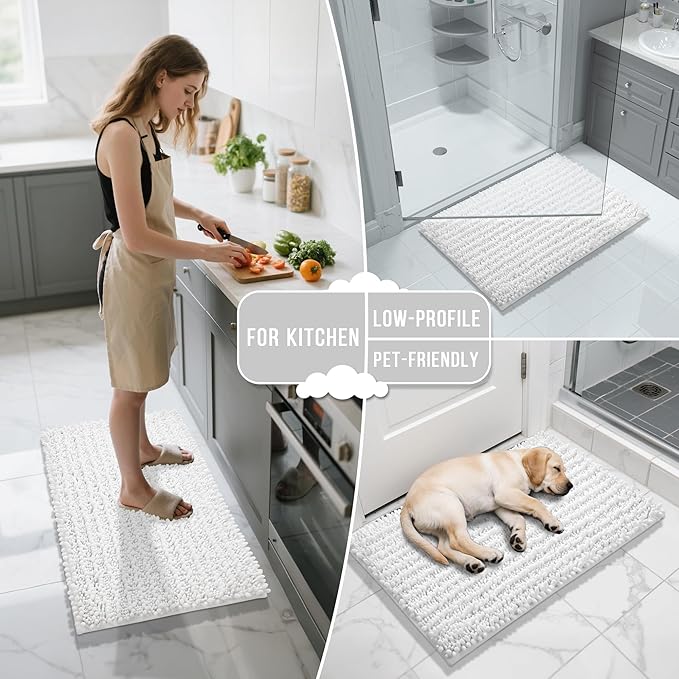 Yimobra Bathroom Runner Rug 60x24 Inch - Extra Long Non Slip Chenille Bath Mat, Soft & Absorbent, Machine Washable Shaggy Hallway Carpet for Vanity Tub Shower, White Home Decor Accessories