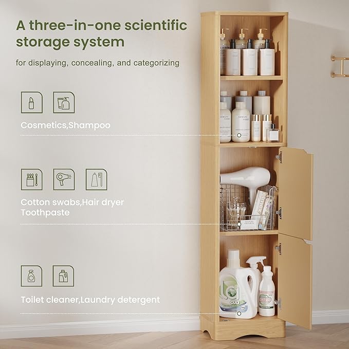 67" Tall Bathroom Organizer and Storage, Narrow Storage Cabinet with 2 Doors and 4 Shelves, Freestanding Floor Storage Unit,15.7" W x 11.8" D x 66.9" H, Nature