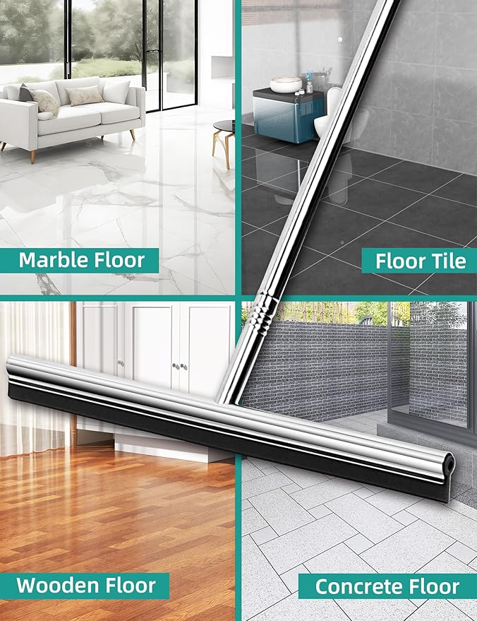 Floor Squeegee Scrubber 59inch Long Stainless Steel Handle with 15inch Wide Silicon Rubber Blade Squeegee Broom for Floor Washing and Drying Shower Glass, Garage, Window, Marble, Wood Surfaces