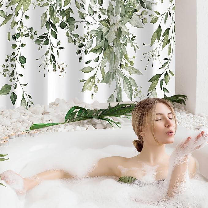 Gibelle Small Stall Shower Curtain 36 x 72, Narrow Half Olive Green Floral Shower Curtain for Bathroom, Watercolor Plant Eucalyptus Leaves Fabric Shower Curtain Set