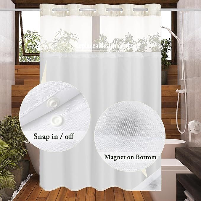 Gibelle Extra Long Shower Curtain 72x86, Waffle Weave Bathroom Shower Curtain with Snap-in Fabric Liner Set, No Hooks Needed, Hotel Style with Mesh Top Window, Ivory