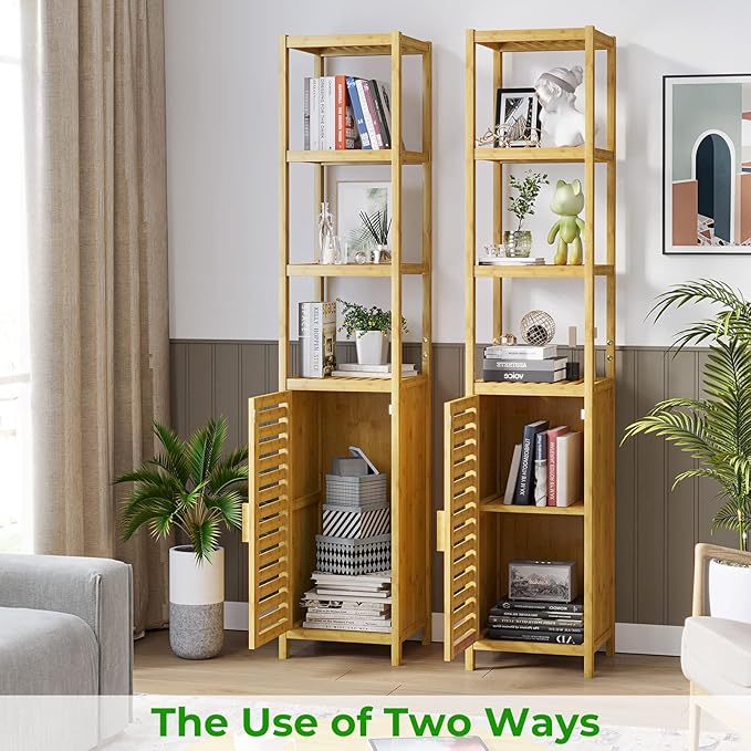 VIAGDO Storage Tall Slim Cabinet with Shutter Door and 3 Tier Shelves, Freestanding Linen Tower Cabinet for Living Room, Kitchen, Bathroom Organizer, Natural Bamboo