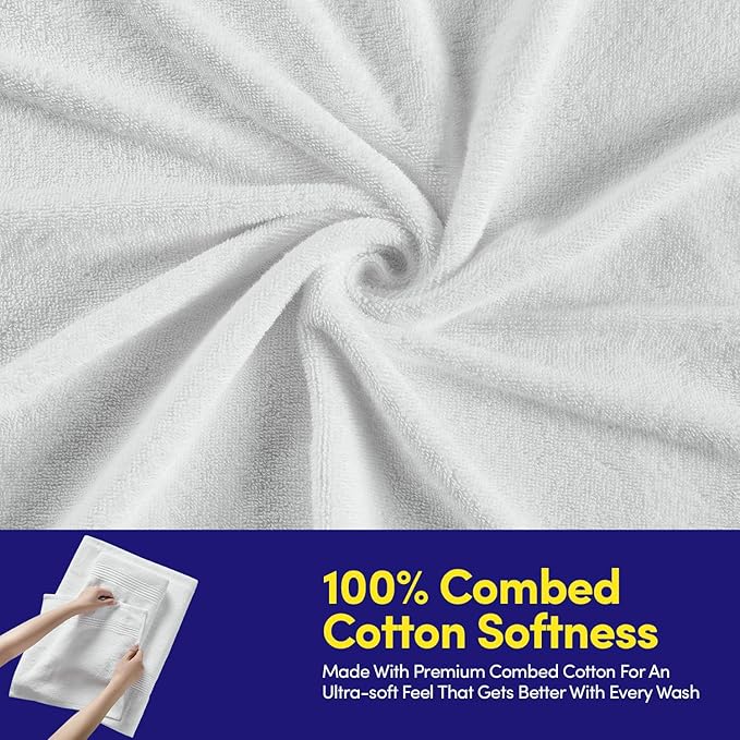 Bath Towels 8 Piece Towel Set – 100% Combed Cotton – Bath + Hand + Washcloths – Oeko-TEX Certified Soft & Absorbent Towels with Durable Double-Stitched Edges for Bathroom or Guest Spa, White