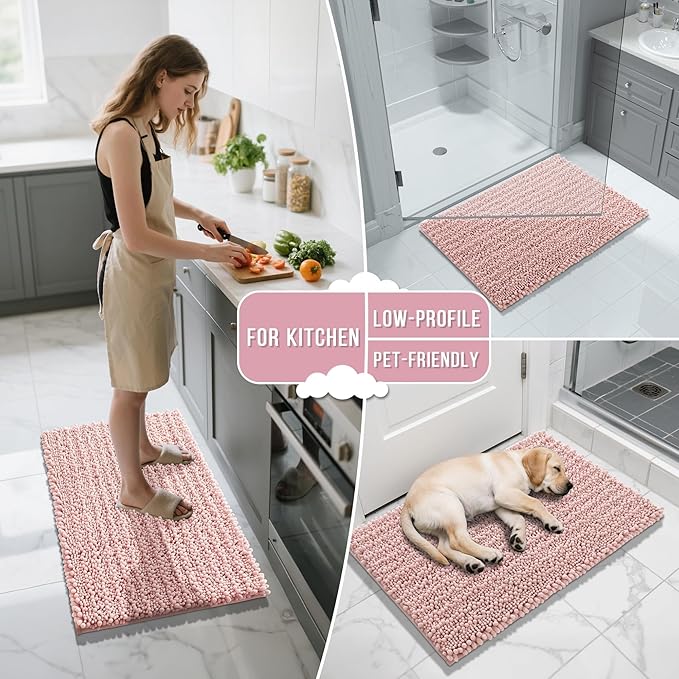 Yimobra Bathroom Rugs Non Slip Washable - Ultra Soft Absorbent Chenille Bath Mat, Quick Dry Shaggy Floor Carpet for Tub Shower, Light Pink Home Decor Accessories, 24x17 Inch