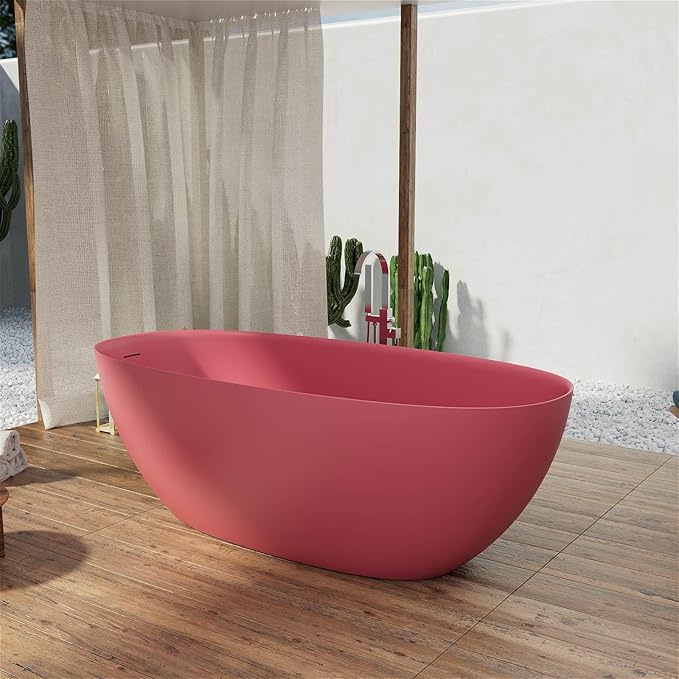 GIVINGTREE 65'' Freestanding Solid Surface Resin Stone Bathtub, Contemporary Design Stand Alone Tub with Pop-up Drain and Overflow, cUPC Certified, Pink (Oval)