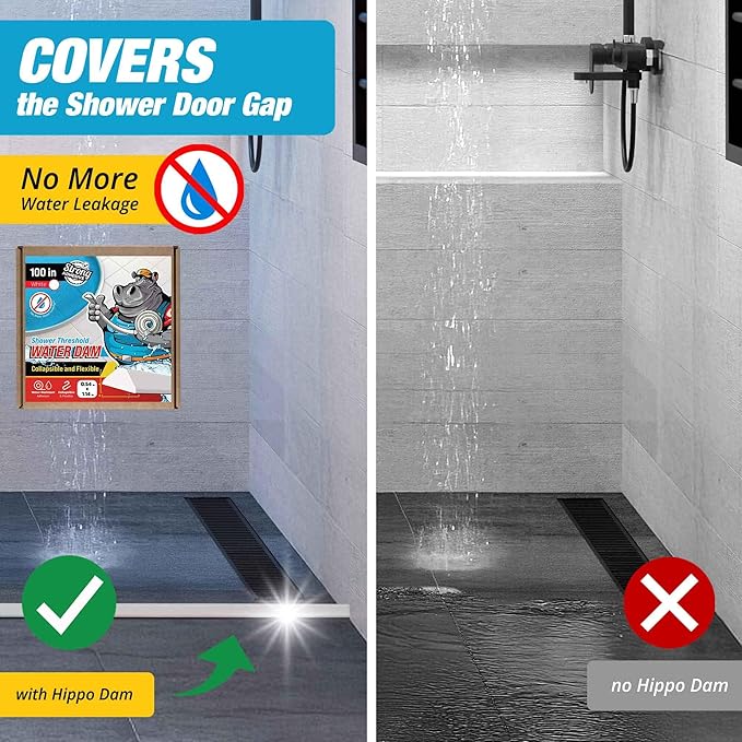 Shower Threshold Water Dam Barrier 100" - White Collapsible Shower Water Blocker - Guard for Walk in Shower - Water Guard Stopper for Floor - Shower Door Water Blocker - Triangular - By Hippo Dam