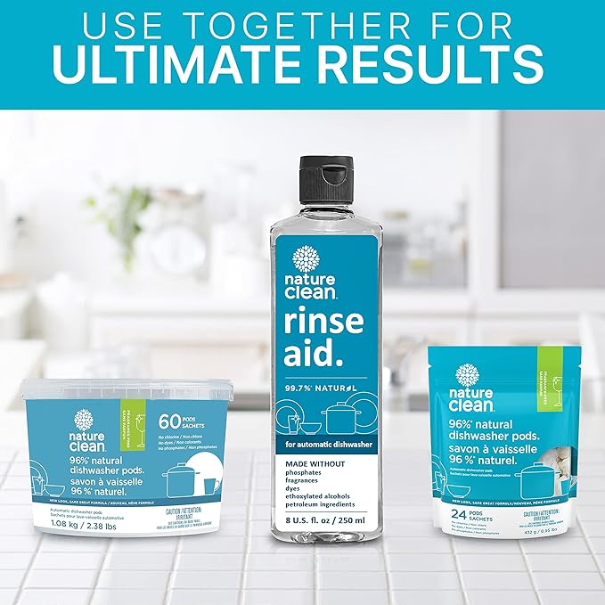 Nature Clean All Natural Dishwasher Rinse Aid Cleaner, Liquid Dishwasher Rinse Agent for Spot-Free Glass & Cutlery in Hard Water, Non Toxic Dish Washer Rinse Aid & Stain Remover, 8 oz/250ml, Pack of 1