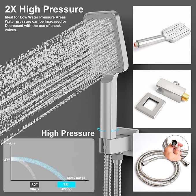 Rain Shower System 12IN Modern Brass Faucet Set With Valve and Diverter Shower Mixer With Handheld High Pressure Square Rainfall Shower Valve (12'' Ceiling Mount, Brushed Nickel)