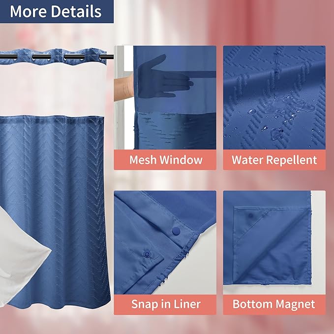 Hookless Shower Curtain with Snap in Liner 71" x 74" Double-Layer Waterproof Polyester Shower Curtain for Bathroom or Hotel Use,Removable Liner,Magnetic Hem,Large Rings,Machine Washable,Navy Blue