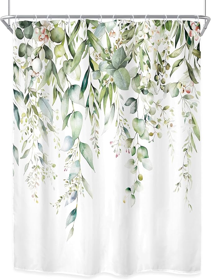 Riyidecor Extra Long Eucalyptus Leaves Shower Curtain for Bathroom Decor 72Wx96H Sage Green Botanical Plants Spring Leaf Floral Herbs Art Printed Fabric Polyester Waterproof 12 Pack Plastic