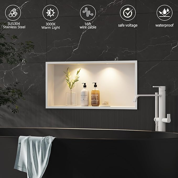 Neodrain Shower Niche with Non-dimmable LED Downlight, 24X12Inch White Stainless Niche No Tile Needed Shower Niche, Built-in Recessed Niche for Bathroom Storage