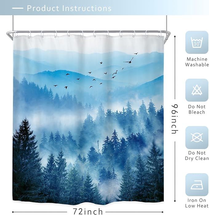 Riyidecor Navy Blue Mountain Shower Curtain 72Wx96H Inch Extra Long Nature Woodland Scenery Park Scene View Foggy Pine Tree Alpine Cool Mens Bathroom Decor Fabric Polyester Waterproof 12 Pack Hooks
