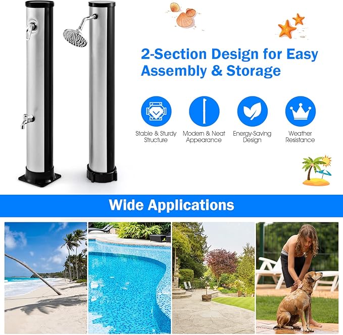 Giantex 7.2 FT 10 Gallon 2-Section Solar-Heated Outdoor Shower, Pool Shower W/Free-Rotating Shower Head, Foot Tap Spigot, Faucet, Temperature and Pressure Adjustment for Backyard, Garden, Beach Spa
