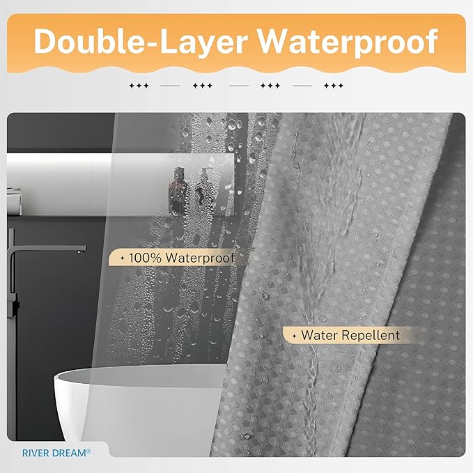 River Dream 3 in 1 Shower Curtain Set, Waffle Fabric Shower Curtain and Waterproof Clear Liner Set with Double Sided Metal Hooks, Grey, 72" W*78" H